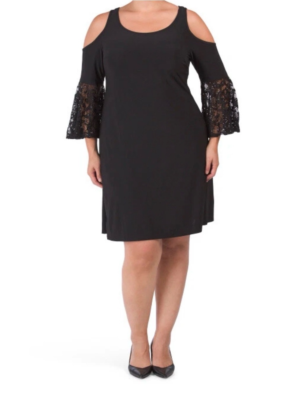NWT! R&M Richards Black Cold-Shoulder Dress with Lace Bell Sleeves
